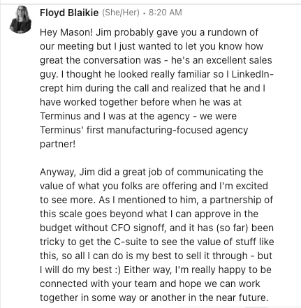 Kind words from Floyd Blaikie