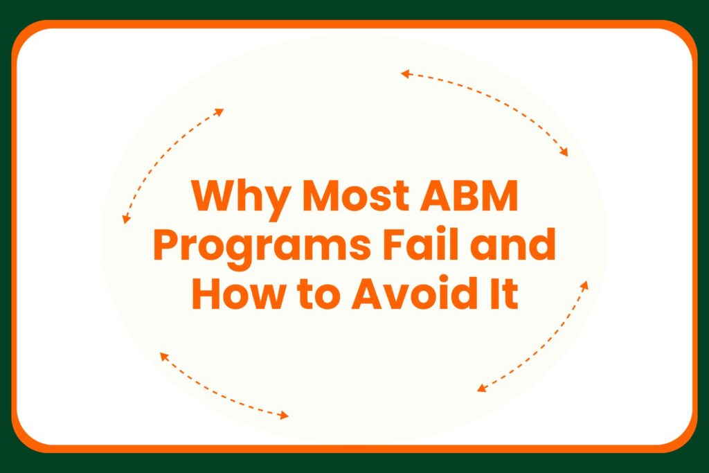 An image with the text: Why Most ABM Programs Fail and How to Avoid It in orange, with dotted arrows forming a circular path around the text, on a white background with an orange and green border.