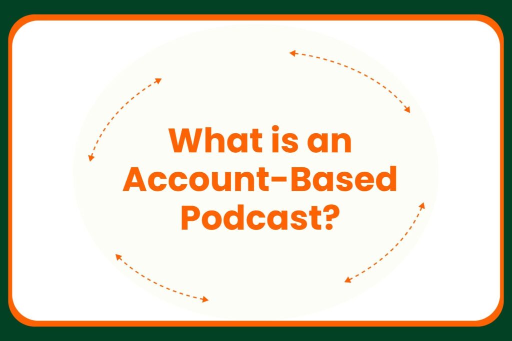 Text reading What is an Account-Based Podcast? in orange, centered on a white background with orange dashed arrows forming an oval shape around the text, all bordered by a thick green and orange frame.