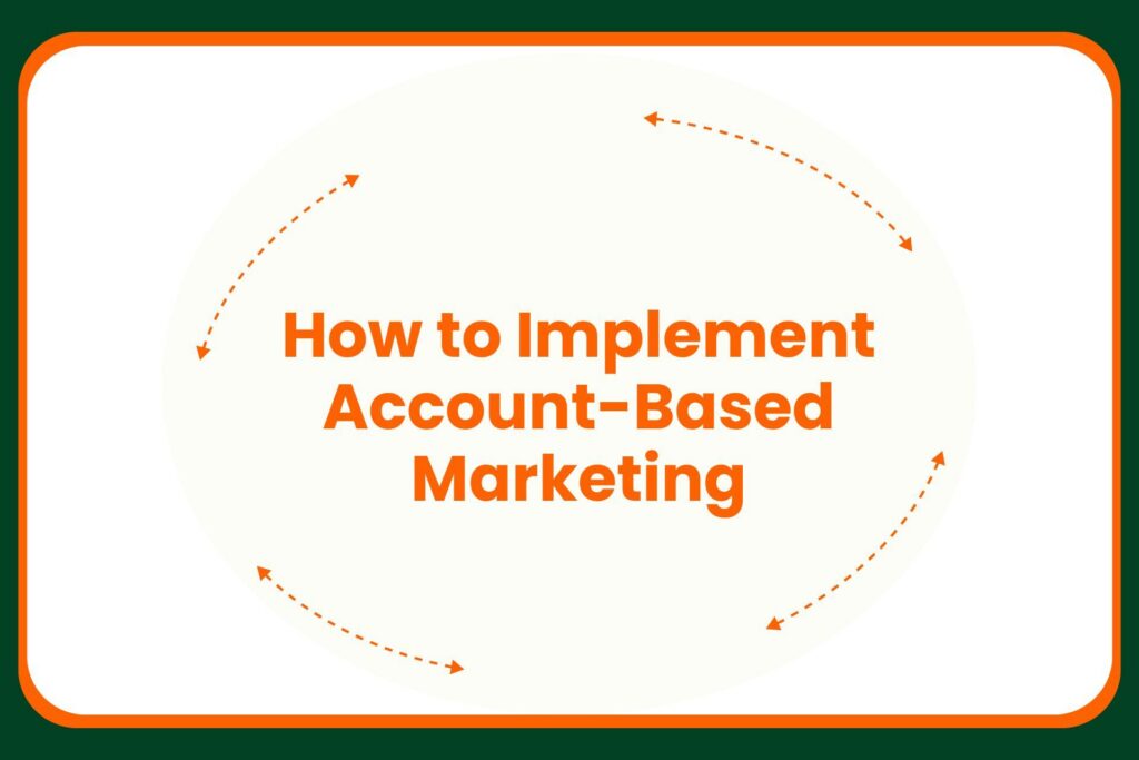 Travis Hall Text in the center reads How to Implement Account-Based Marketing with orange dashed arrows forming a circular pattern around the text, all on a white background bordered in green and orange.