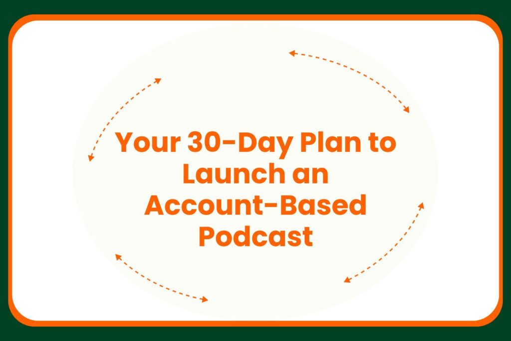 Text graphic with orange text reading, Your 30-Day Plan to Launch an Account-Based Podcast, surrounded by curved dotted arrows on a light background with a dark green and orange border.
