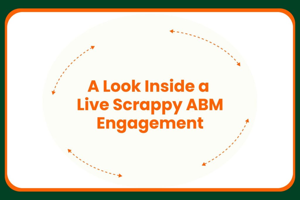 Text reads: A Look Inside a Live Scrappy ABM Engagement. The text is surrounded by curved, dotted arrows that form a circular pattern around it. The background is white with a green border.