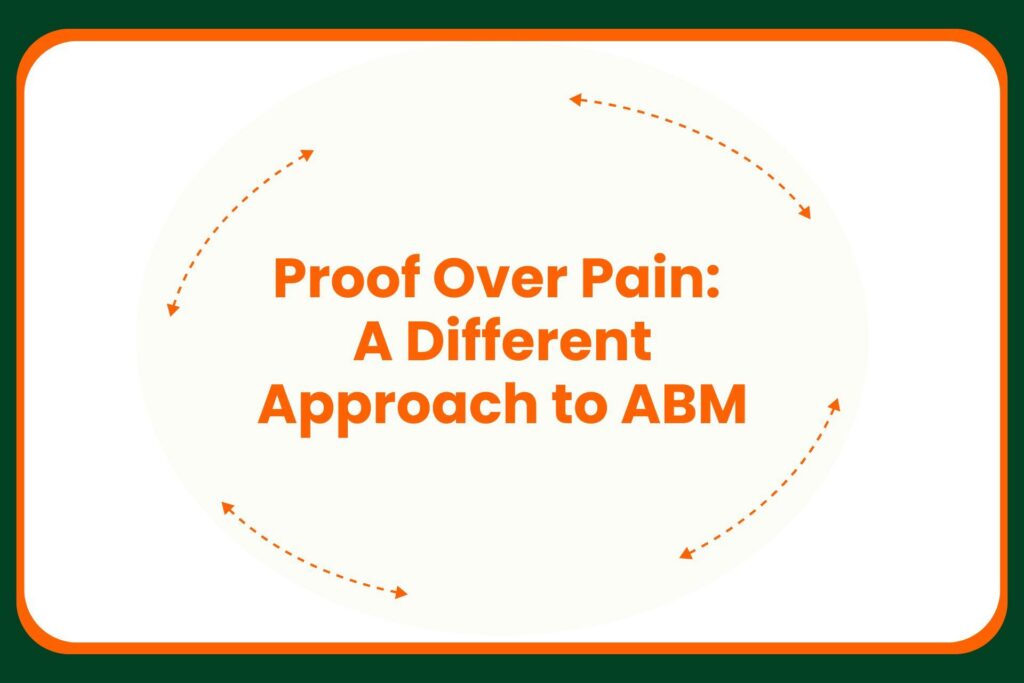 Travis Hall Text graphic with orange dashed arrows circling the words: Proof Over Pain: A Different Approach to ABM. The background is off-white, outlined with an orange and green border.