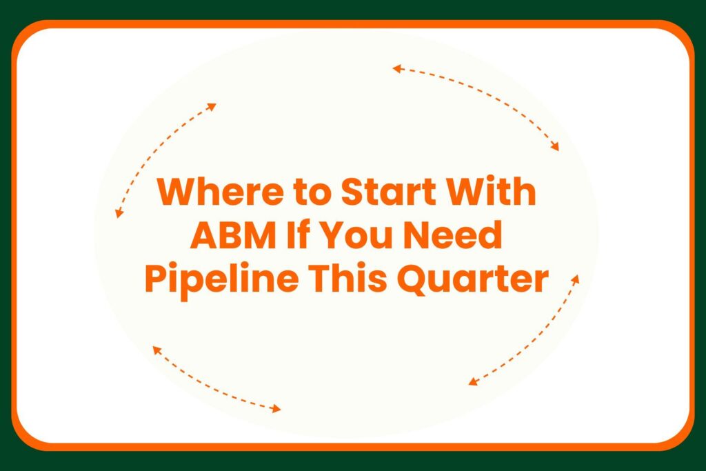 Text graphic with orange dashed arrows around the words: Where to Start With ABM If You Need Pipeline This Quarter on a white background with a green and orange border.