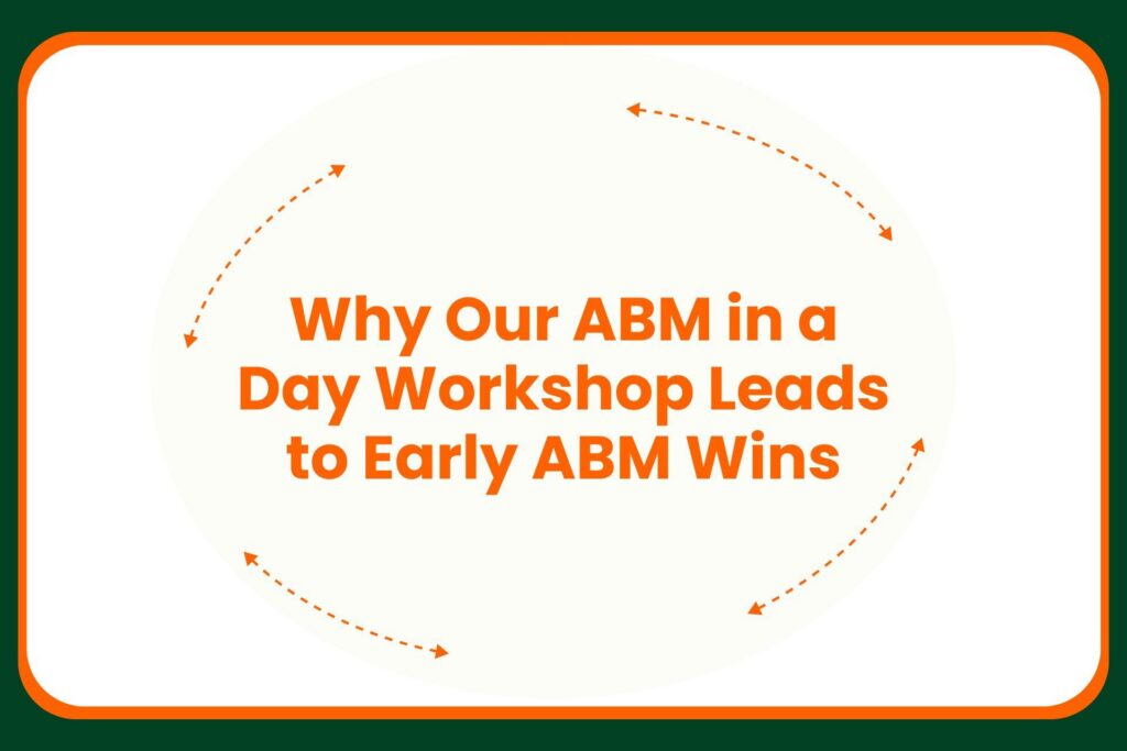 Text in orange reads, Why Our ABM in a Day Workshop Leads to Early ABM Wins, surrounded by two orange dashed arrows forming a circle, on a white background with a green border.