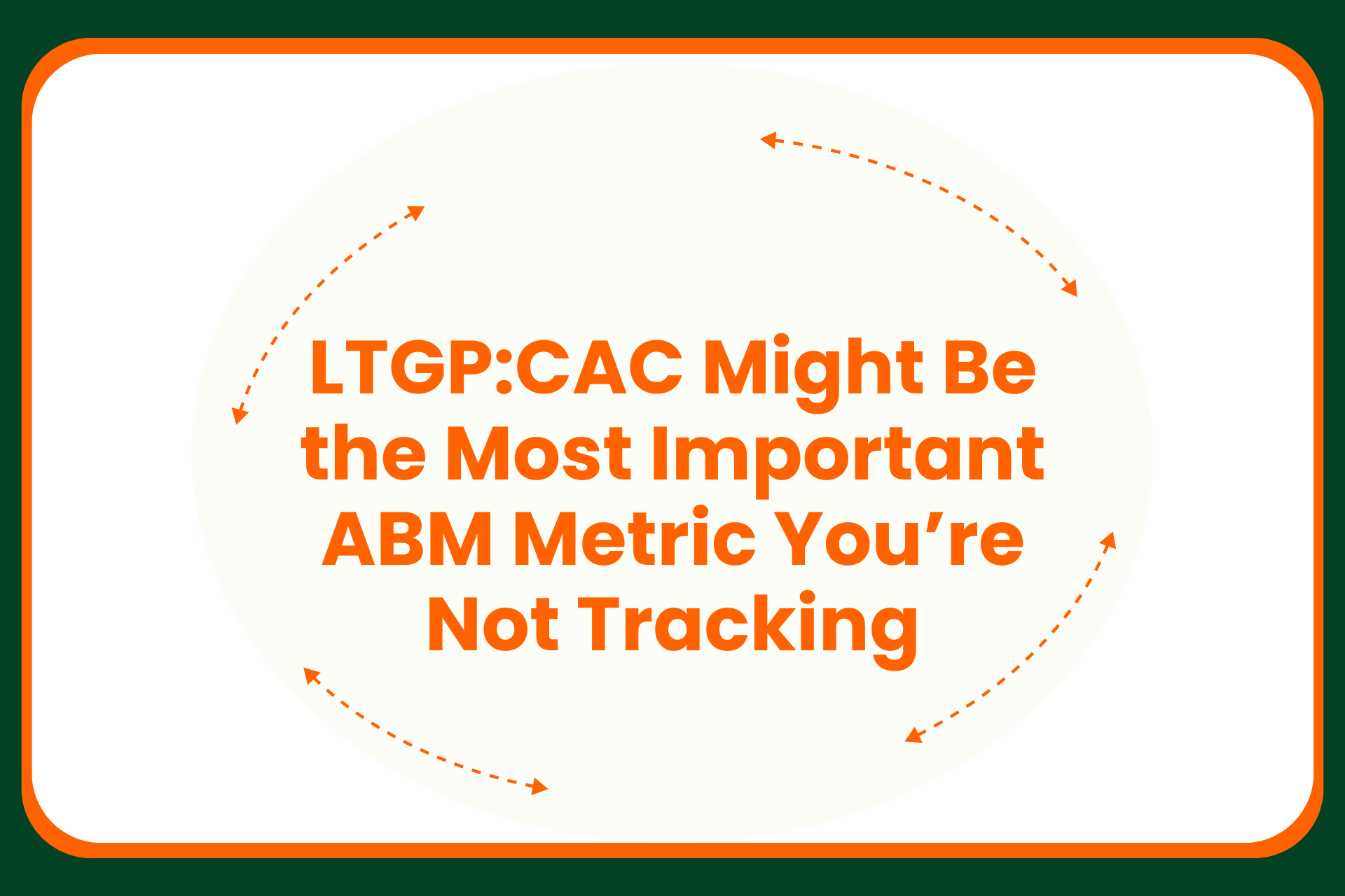 Text graphic with orange text reading, LTGP:CAC Might Be the Most Important ABM Metric You’re Not Tracking, surrounded by orange arrows in a circular pattern on a white background with a green and orange border.