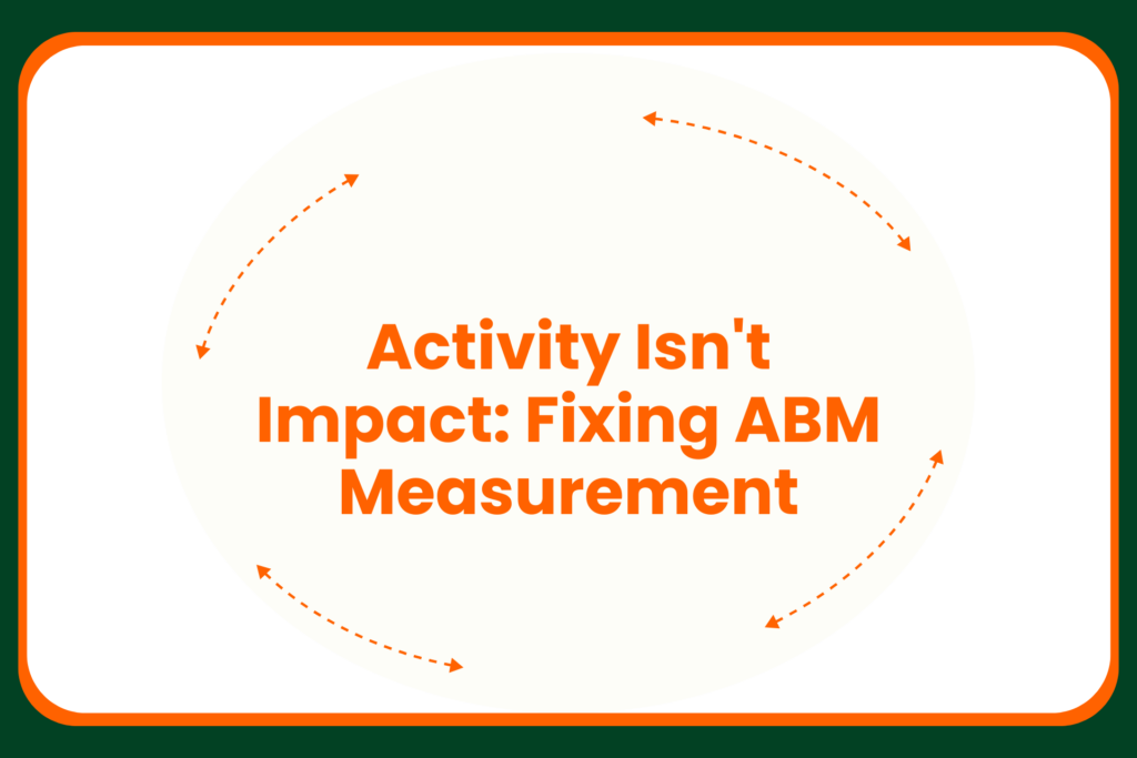 Travis Hall Text reads Activity Isnt Impact: Fixing ABM Measurement in bold orange letters, surrounded by orange dashed arrows forming a circular path on a white background with a dark green border.