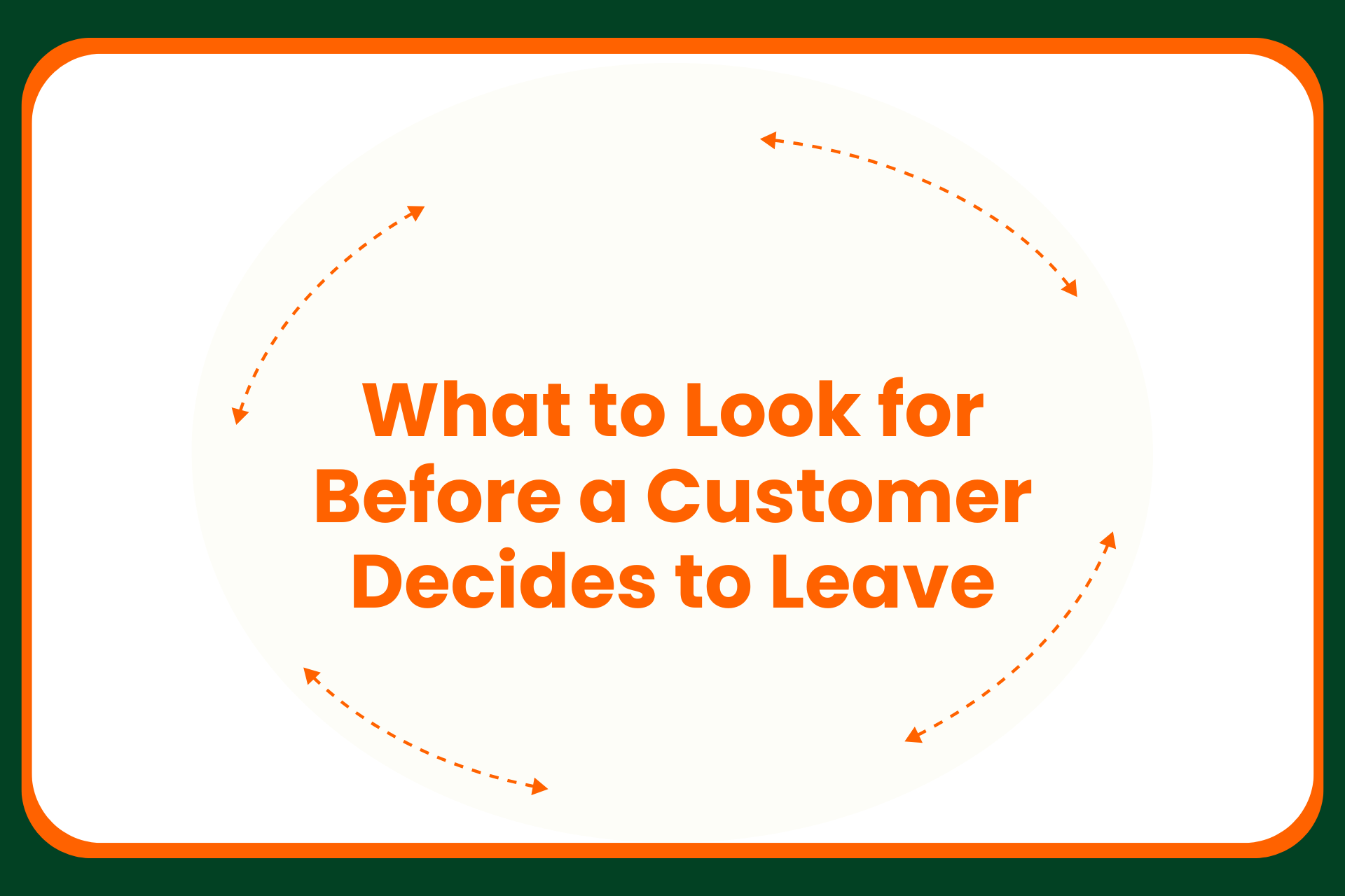 Text reads What to Look for Before a Customer Decides to Leave in orange, centered with curved orange arrows surrounding the text, on a white background with a green border.