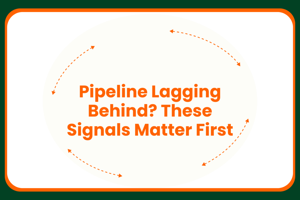 Travis Hall Text in orange reads, Pipeline Lagging Behind? These Signals Matter First, surrounded by curved dotted arrows on a white background with a thick green border.