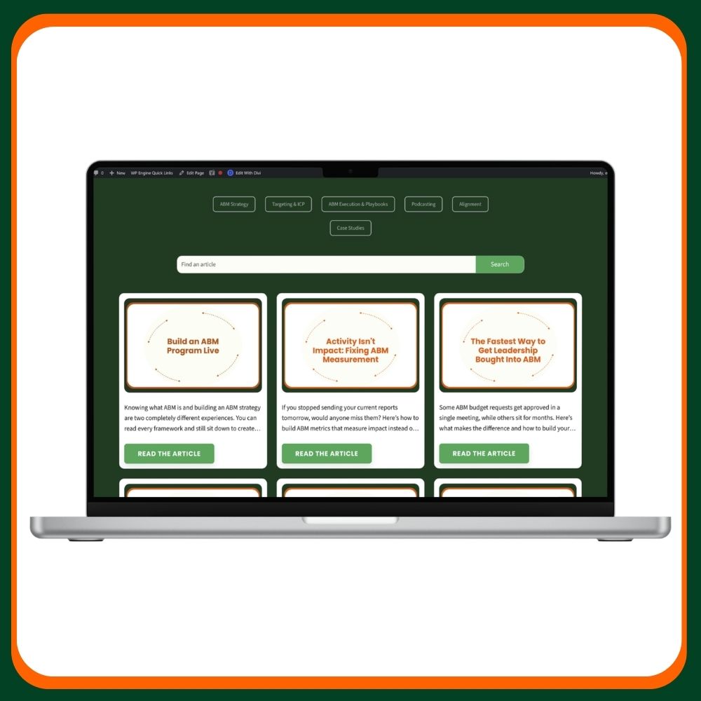 A laptop displays a website with green and white colors, showing multiple article cards with orange frames and green Read the Article buttons, set against a plain white background.