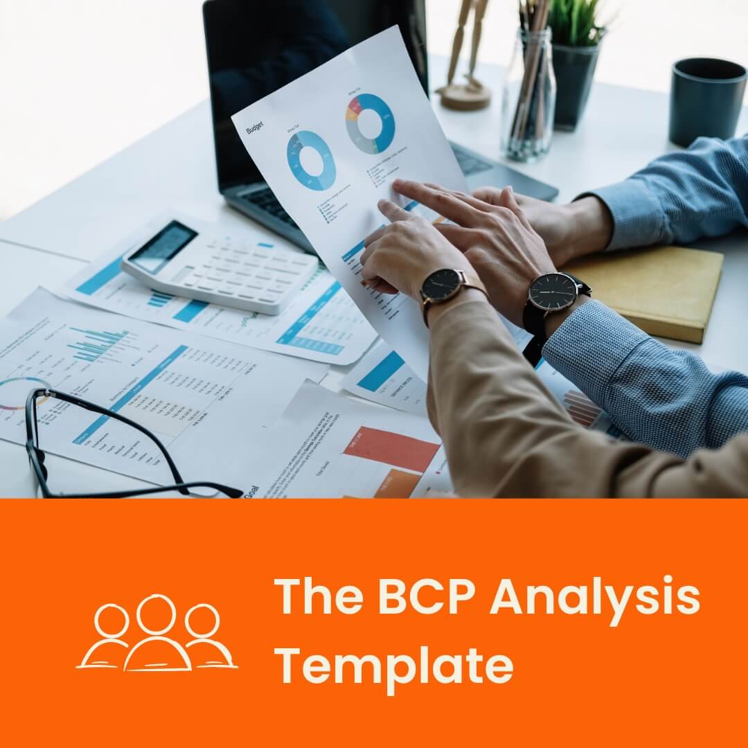 2 (1) Two people review charts and graphs at a desk with papers, a laptop, and calculator; orange banner below reads The BCP Analysis Template with an icon of three people.