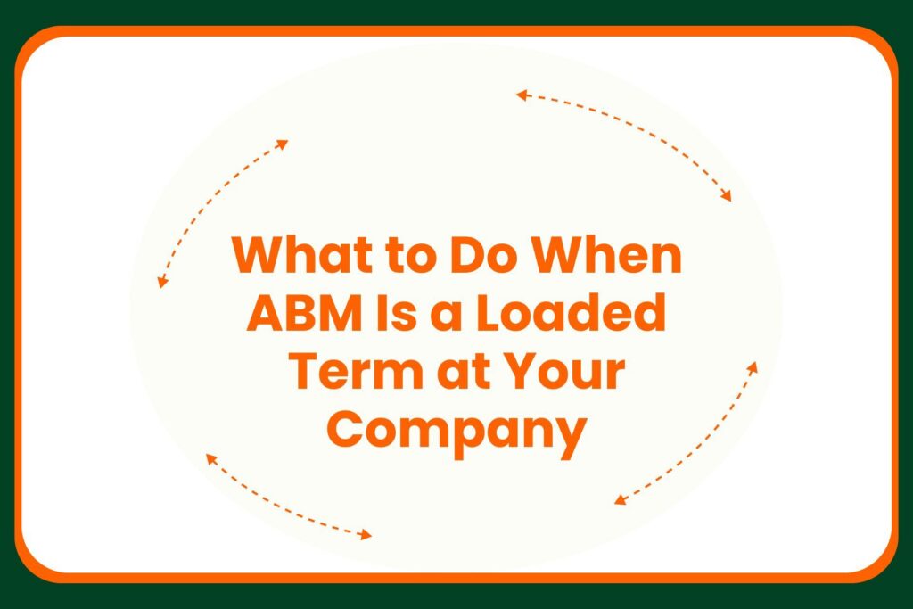 Travis Hall Text graphic with orange arrows circling the message: What to Do When ABM Is a Loaded Term at Your Company. The design uses orange and green accents with a rounded border.