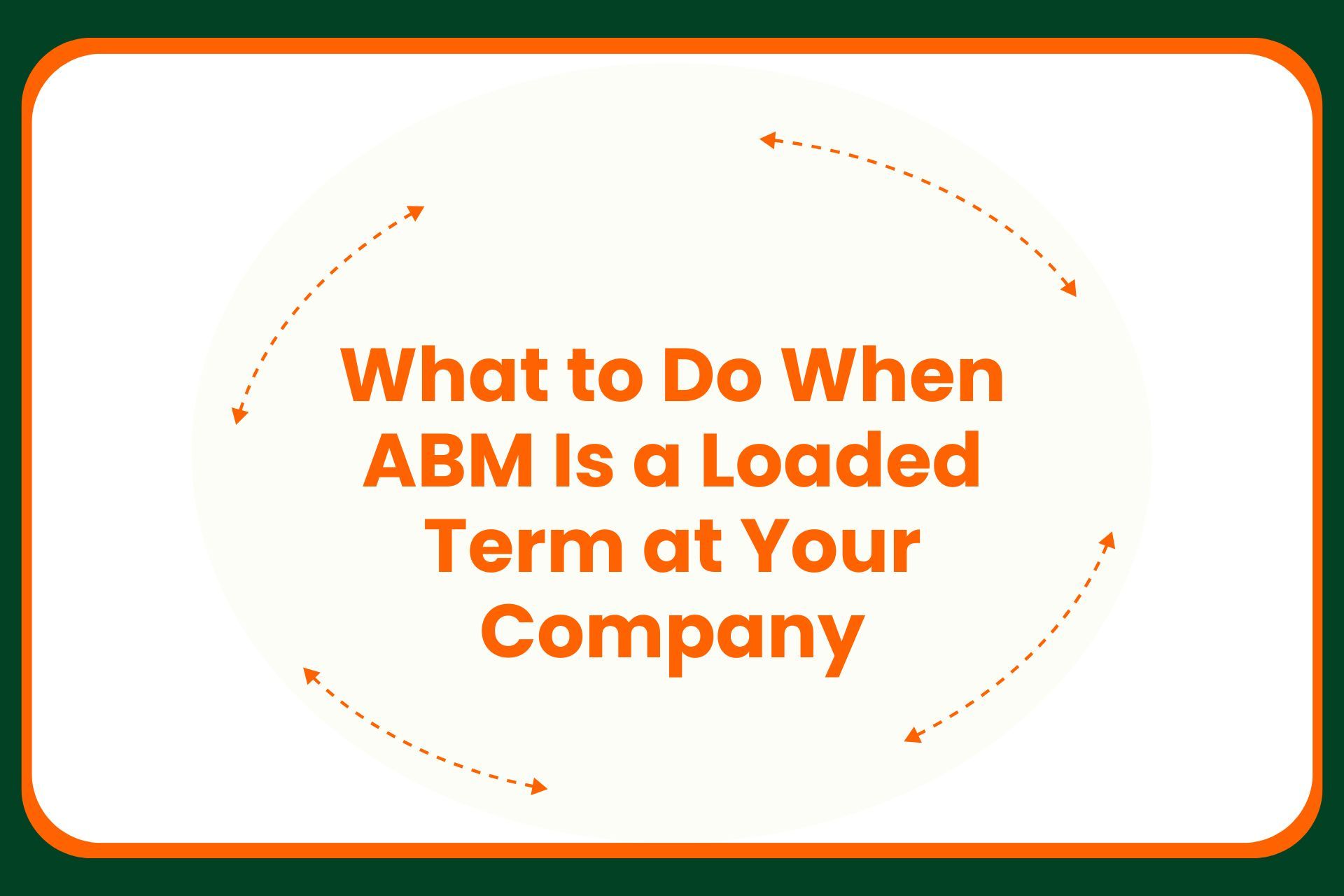 Text graphic with orange dashed arrows forming a circle around the words: What to Do When ABM Is a Loaded Term at Your Company. The background is white with an orange and green border.