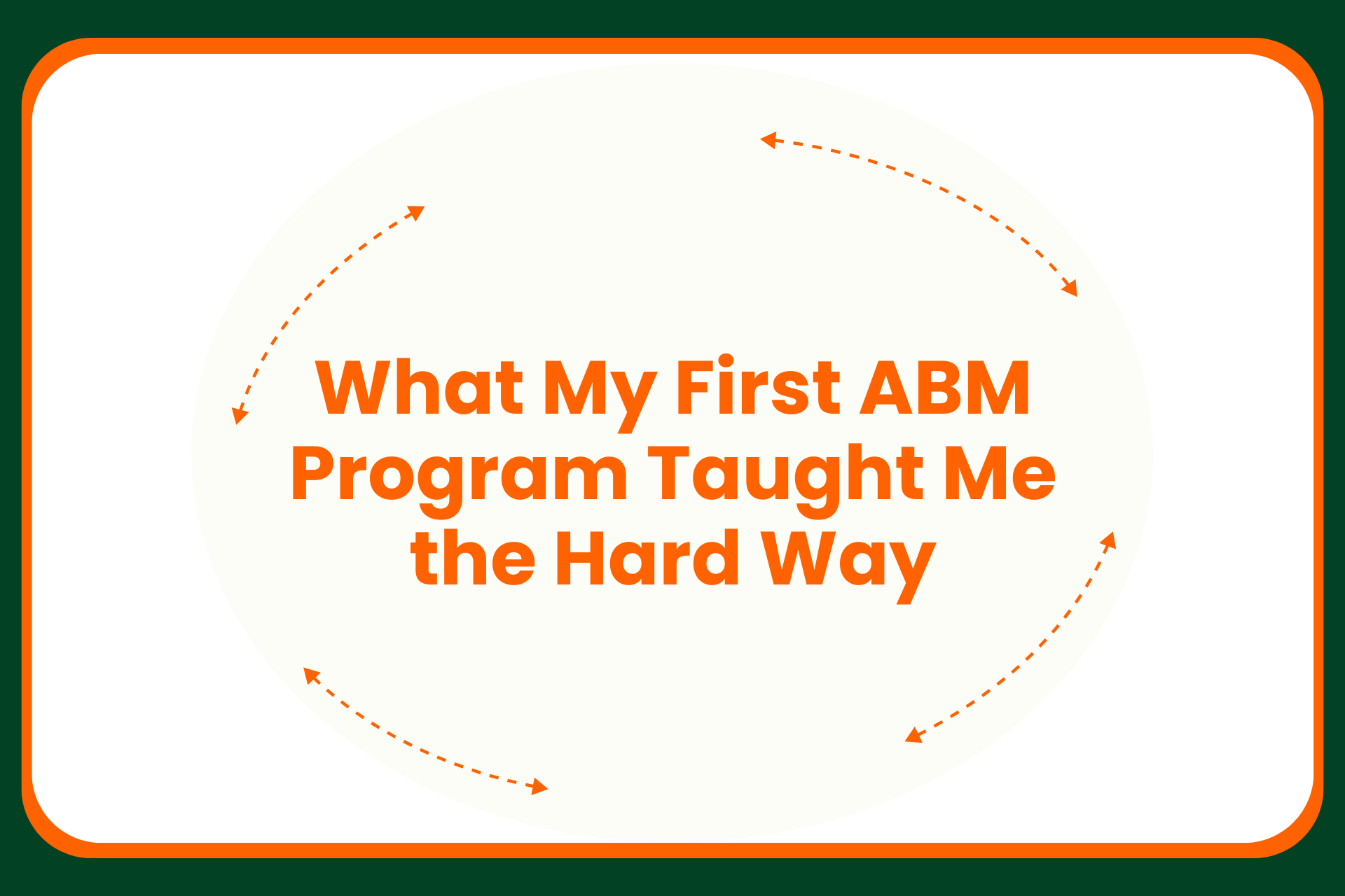 Text graphic with the words What My First ABM Program Taught Me the Hard Way in orange, surrounded by dotted arrows forming an oval on a white background with a green and orange border.
