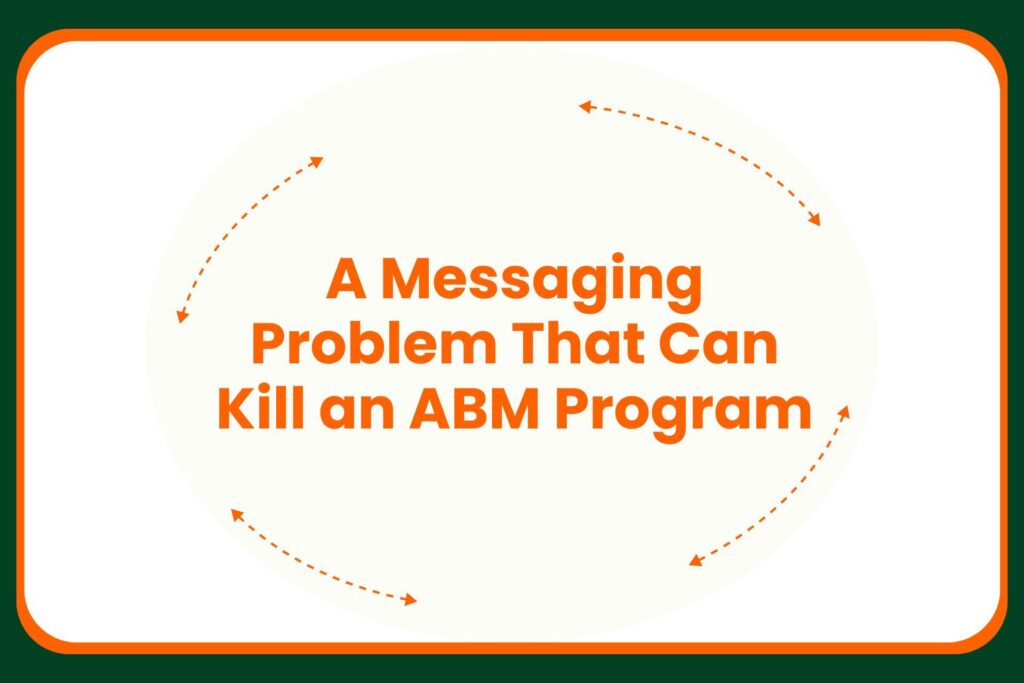 Travis Hall Text graphic with orange arrows forming a loose oval around the words: A Messaging Problem That Can Kill an ABM Program. The background is white with a green and orange border.