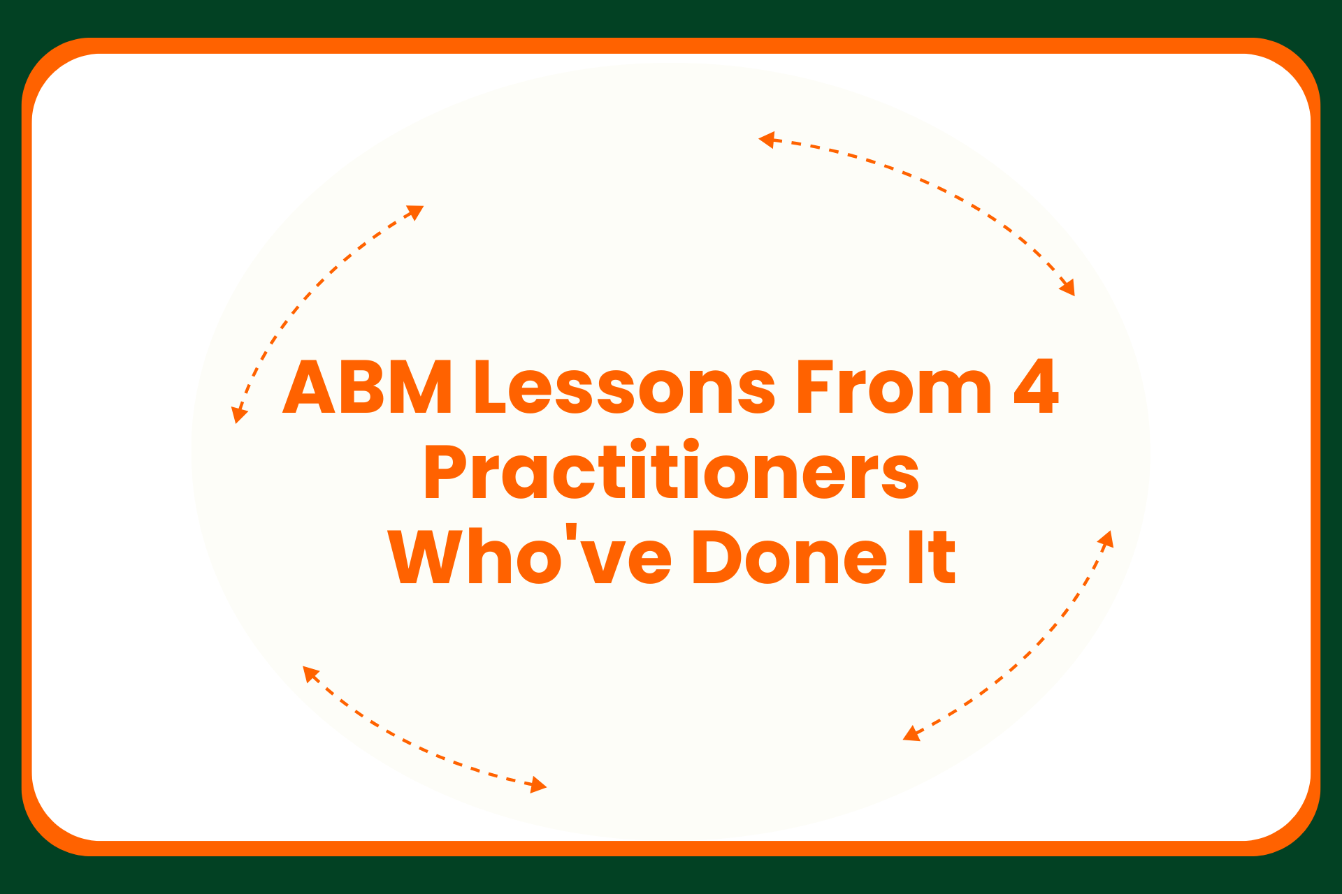 Text in orange reads, ABM Lessons From 4 Practitioners Whove Done It, surrounded by curved orange arrows on a white background with a dark green border.