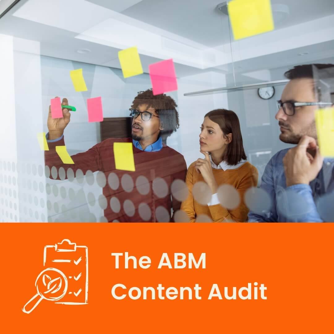 5 (1) Three people in an office look at colorful sticky notes on a glass wall. One person writes on the wall while the others watch. Text below reads, The ABM Content Audit with a checklist icon.