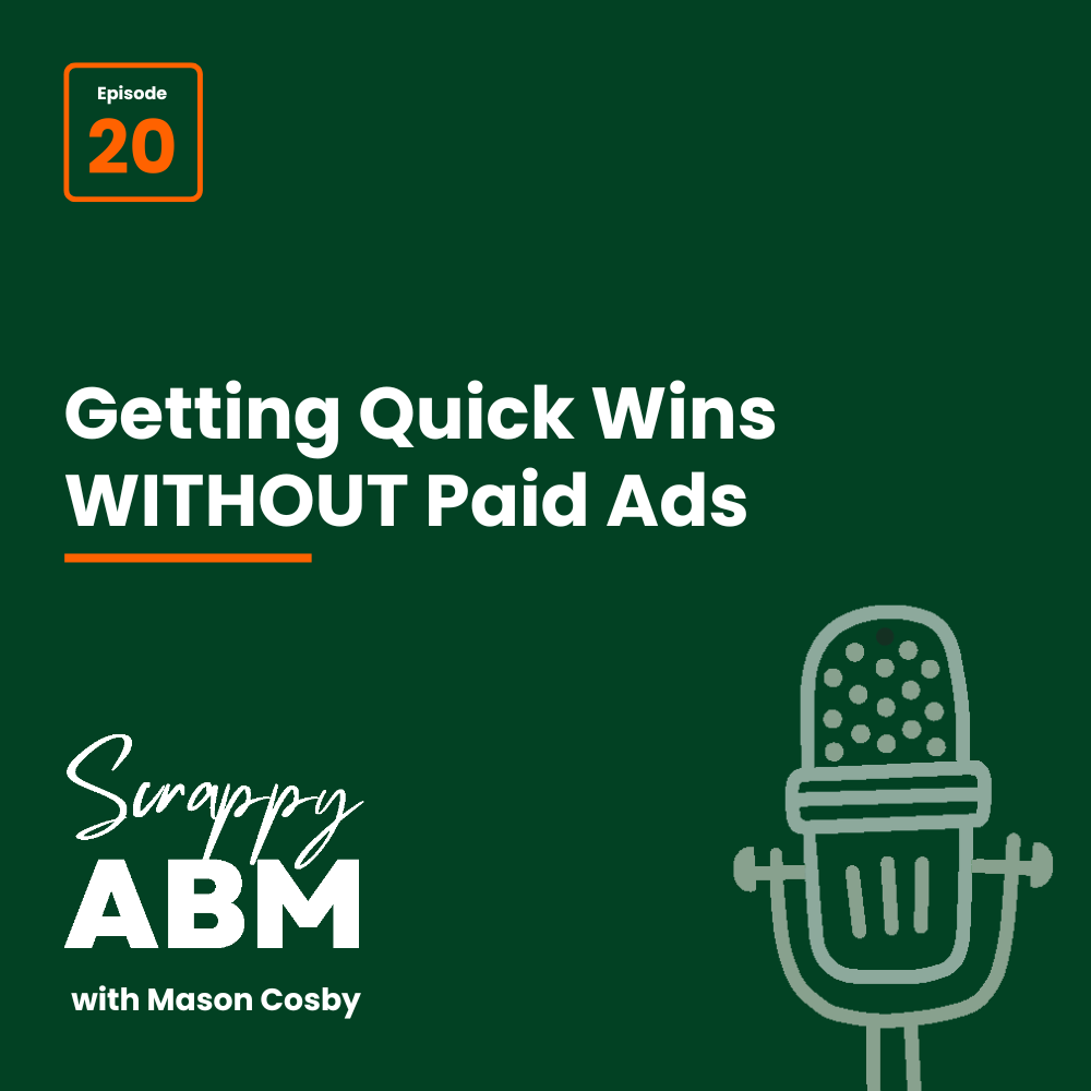 Episode 2 - The Art of the Scrappy ABM - How to Achieve Big Results Without Big Ad Spend A podcast cover reads: Episode 20. Getting Quick Wins WITHOUT Paid Ads. Scrappy ABM with Mason Cosby. Theres a simple drawing of a microphone on a dark green background.