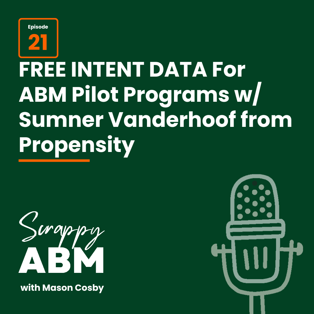 Podcast graphic: Episode 21: Free Intent Data for ABM Pilot Programs w/ Sumner Vanderhoof from Propensity. Includes microphone illustration and Scrappy ABM with Mason Cosby text on a dark green background.