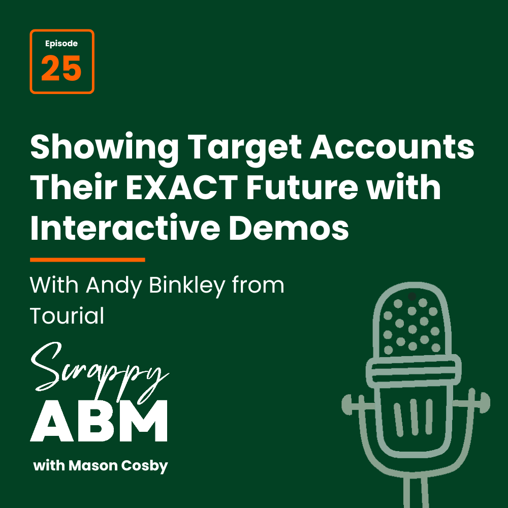 Episode 2 - The Art of the Scrappy ABM - How to Achieve Big Results Without Big Ad Spend Podcast cover for Episode 25: Showing Target Accounts Their EXACT Future with Interactive Demos with Andy Binkley from Tourial, hosted by Mason Cosby. Includes a graphic of a microphone on a dark green background.