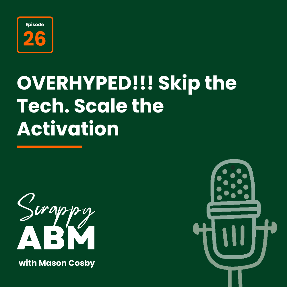 Episode 2 - The Art of the Scrappy ABM - How to Achieve Big Results Without Big Ad Spend Podcast cover: Episode 26. OVERHYPED!!! Skip the Tech. Scale the Activation. Scrappy ABM with Mason Cosby with a drawing of a microphone on a dark green background.