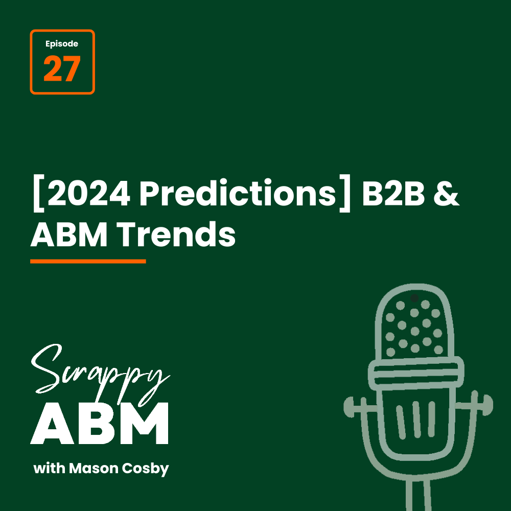 Green graphic with text: Episode 27, [2024 Predictions] B2B & ABM Trends, Scrappy ABM with Mason Cosby. Includes a simple illustration of a microphone.