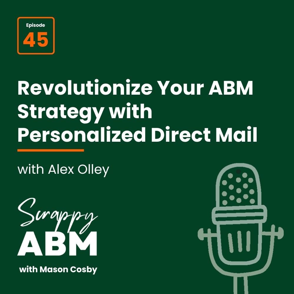 Episode 2 - The Art of the Scrappy ABM - How to Achieve Big Results Without Big Ad Spend Podcast cover for Scrappy ABM with Mason Cosby, episode 45 with Alex Olley, titled Revolutionize Your ABM Strategy with Personalized Direct Mail. Features a microphone icon on a dark green background.