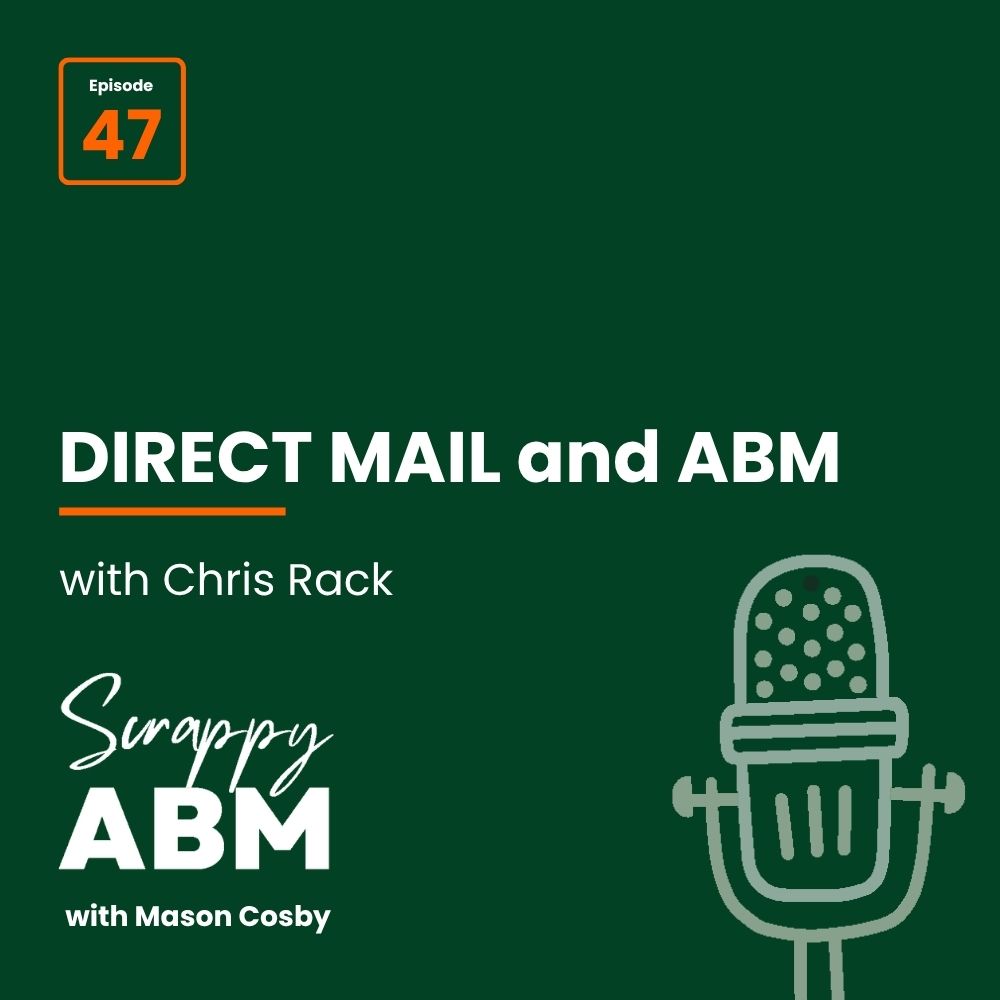 Episode 2 - The Art of the Scrappy ABM - How to Achieve Big Results Without Big Ad Spend Podcast episode graphic: DIRECT MAIL and ABM with Chris Rack from Scrappy ABM with Mason Cosby, Episode 47. Dark green background with a microphone illustration on the lower right.