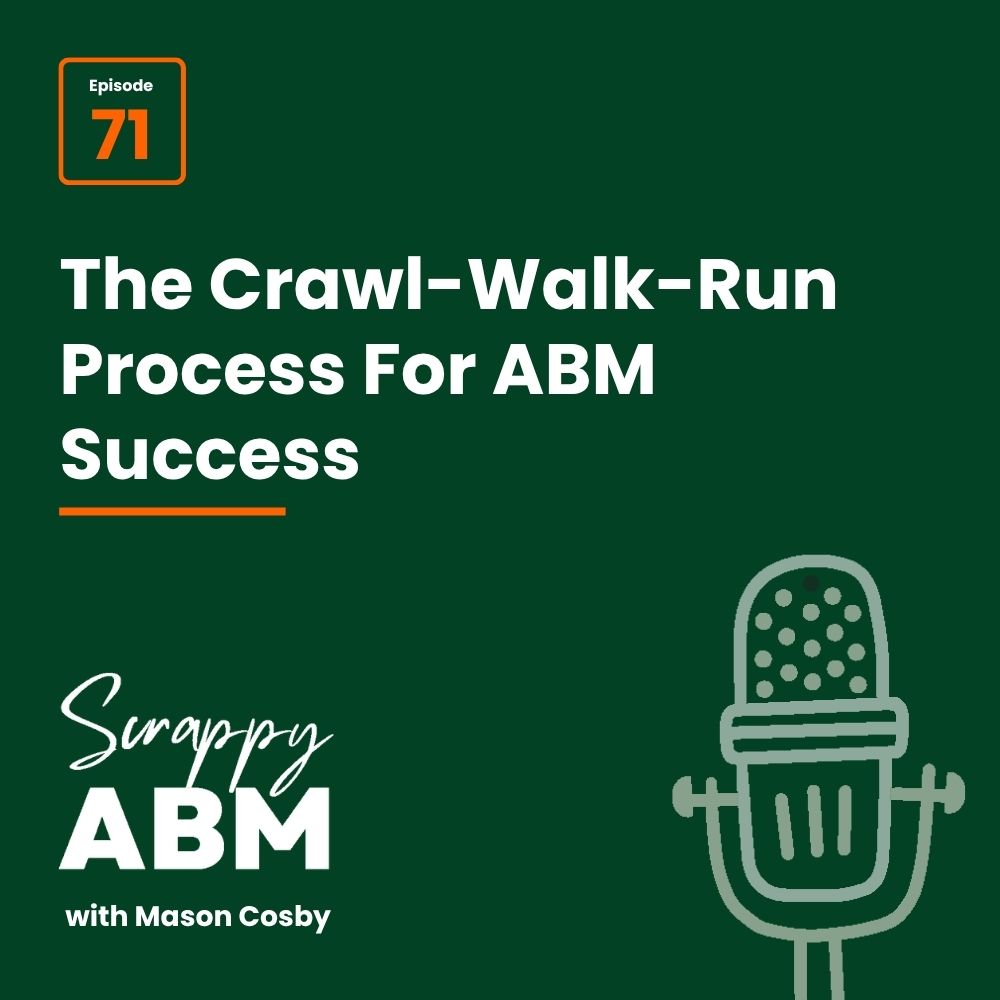 Episode 2 - The Art of the Scrappy ABM - How to Achieve Big Results Without Big Ad Spend Podcast cover for Scrappy ABM with Mason Cosby. Episode 71 is titled The Crawl-Walk-Run Process For ABM Success. A microphone graphic appears in the lower right corner.