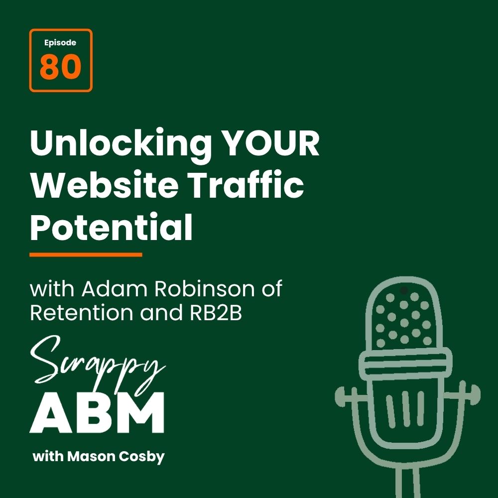 Podcast episode 80 cover: Unlocking YOUR Website Traffic Potential with Adam Robinson of Retention and RB2B. Scrappy ABM with Mason Cosby text and a microphone icon on a dark green background.
