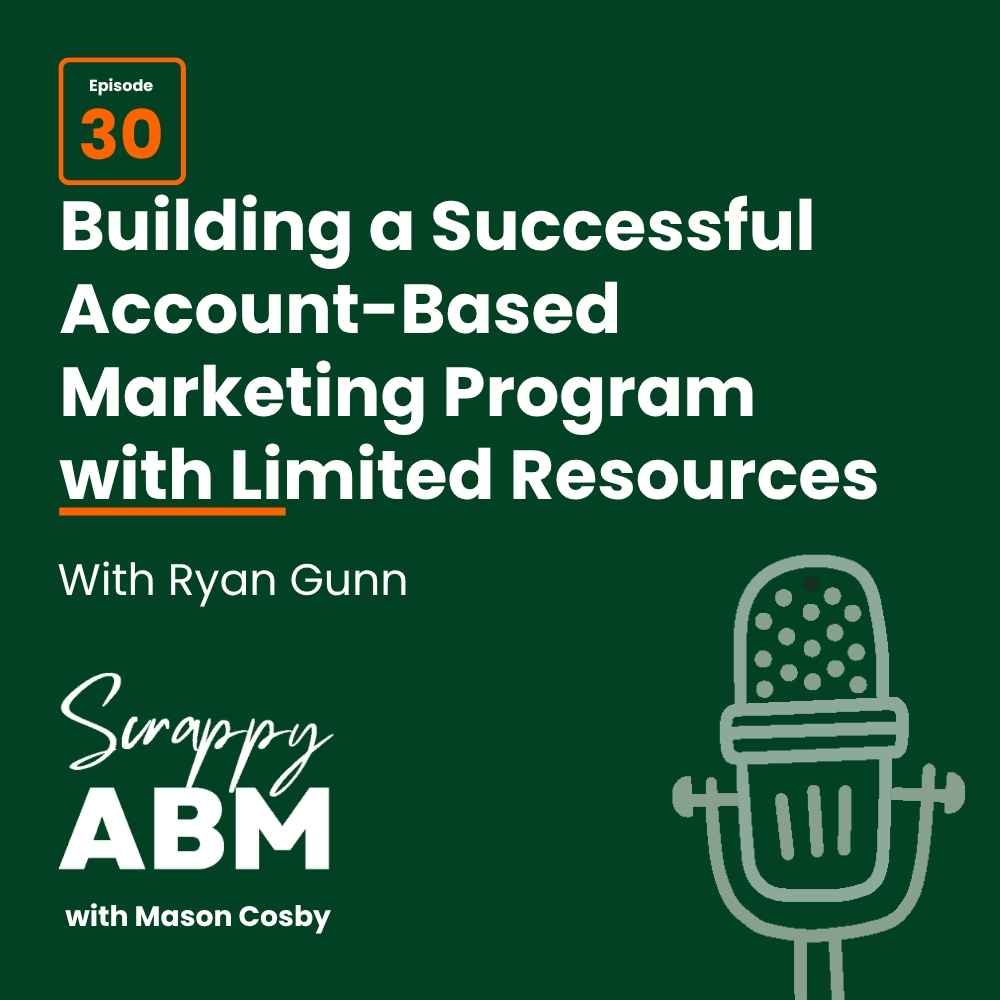 Episode 2 - The Art of the Scrappy ABM - How to Achieve Big Results Without Big Ad Spend Podcast episode 30 cover: Building a Successful Account-Based Marketing Program with Limited Resources with Ryan Gunn. Scrappy ABM with Mason Cosby and a drawing of a microphone on a green background.