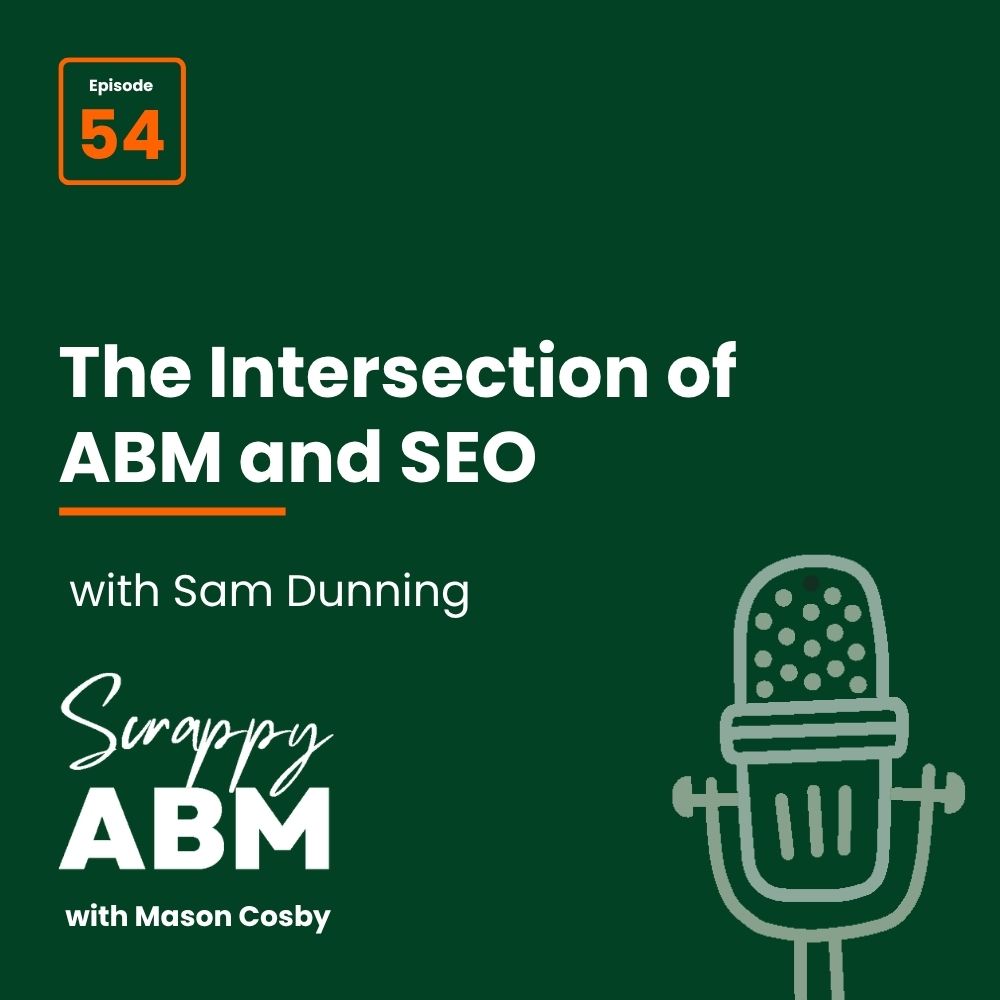 Episode 2 - The Art of the Scrappy ABM - How to Achieve Big Results Without Big Ad Spend Podcast graphic for Scrappy ABM with Mason Cosby, episode 54, titled The Intersection of ABM and SEO with guest Sam Dunning. Features a large microphone icon on a dark green background.