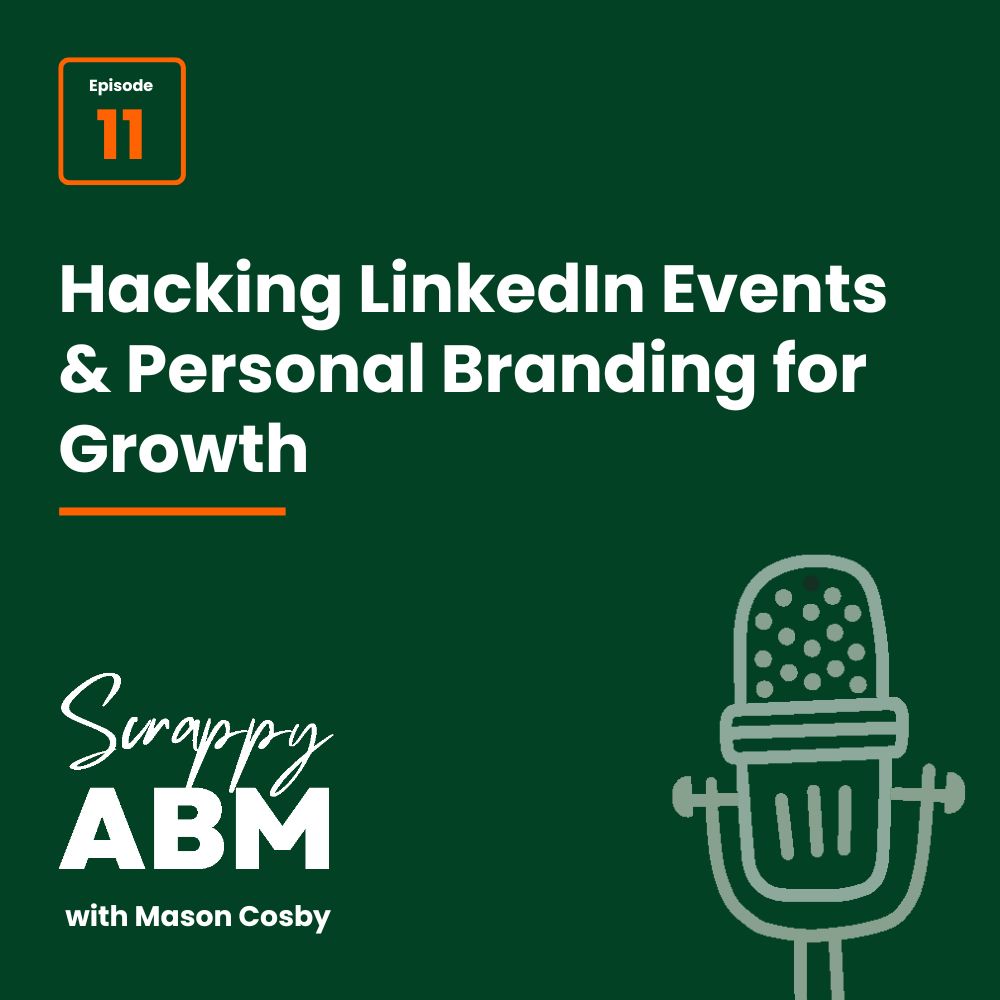 Podcast cover: Episode 11: Hacking LinkedIn Events & Personal Branding for Growth with Scrappy ABM with Mason Cosby, featuring a microphone icon on a green background.