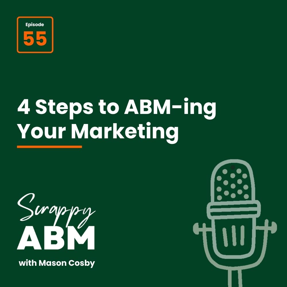 Episode 2 - The Art of the Scrappy ABM - How to Achieve Big Results Without Big Ad Spend Dark green graphic with text: Episode 55. 4 Steps to ABM-ing Your Marketing. Scrappy ABM with Mason Cosby. Illustrated microphone at bottom right.