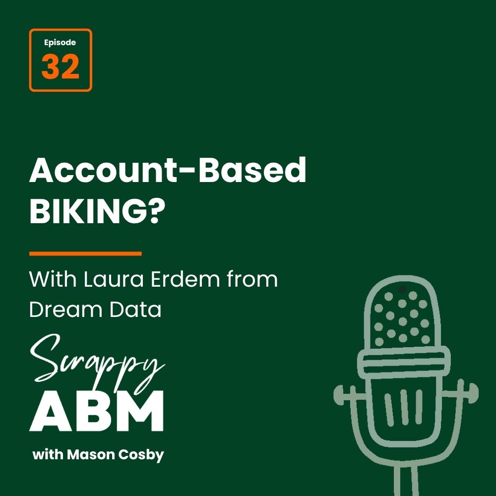 A podcast graphic for Scrappy ABM with Mason Cosby, episode 32, featuring Laura Erdem from Dream Data. The text playfully reads Account-Based BIKING? with a simple outline of a microphone on the right.