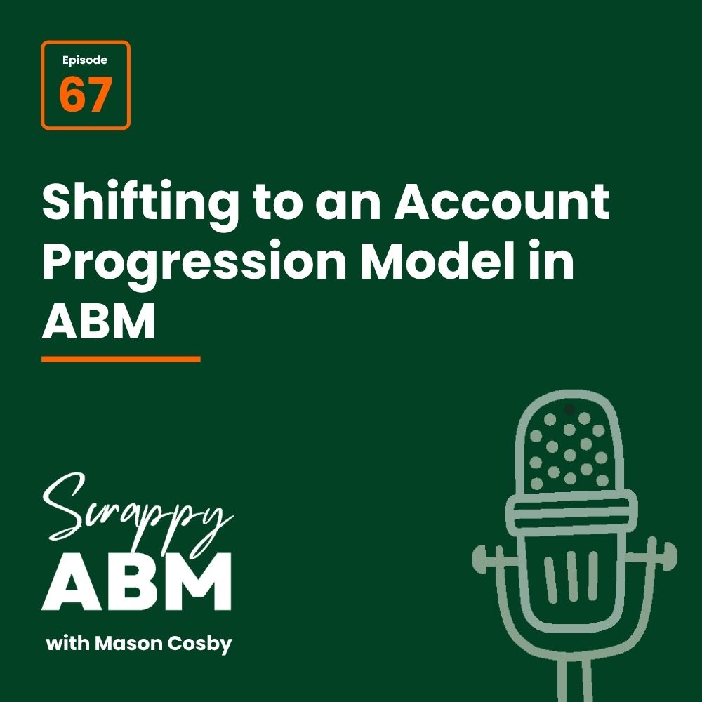 Episode 2 - The Art of the Scrappy ABM - How to Achieve Big Results Without Big Ad Spend Podcast cover: Shifting to an Account Progression Model in ABM, Episode 67 of Scrappy ABM with Mason Cosby. Features a mic illustration on dark green background with white and orange text.