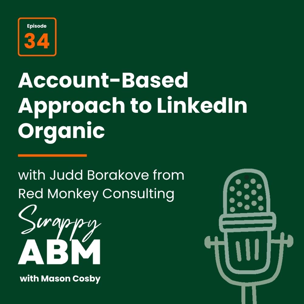 Episode 2 - The Art of the Scrappy ABM - How to Achieve Big Results Without Big Ad Spend Episode 34 of Scrappy ABM with Mason Cosby, featuring Judd Borakove from Red Monkey Consulting, discusses an account-based approach to LinkedIn Organic. Illustration of a microphone on a dark green background.