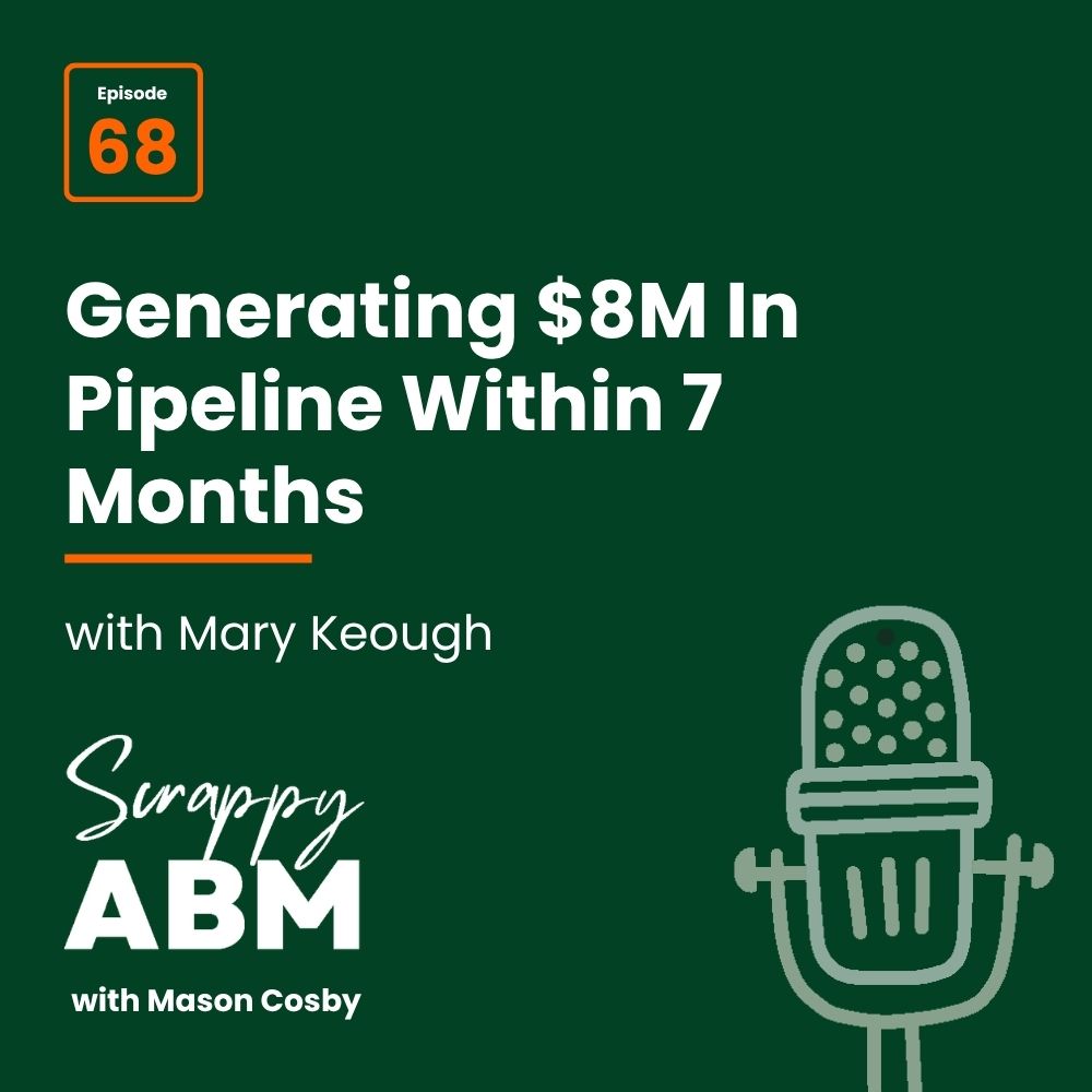 Episode 2 - The Art of the Scrappy ABM - How to Achieve Big Results Without Big Ad Spend Podcast cover for Episode 68: Generating $8M In Pipeline Within 7 Months with Mary Keough on Scrappy ABM with Mason Cosby. Green background, white text, and illustrated microphone.
