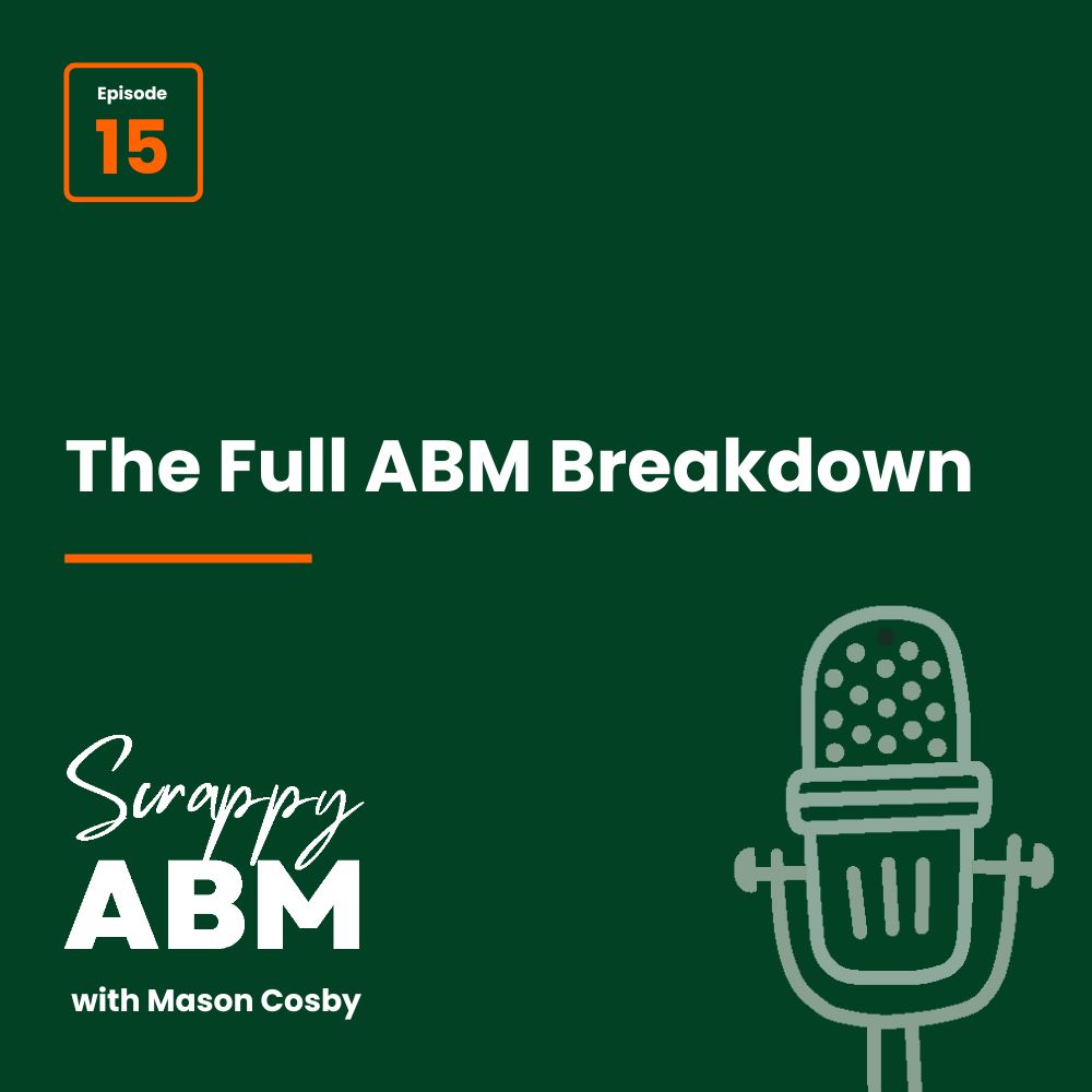 Episode 2 - The Art of the Scrappy ABM - How to Achieve Big Results Without Big Ad Spend Dark green graphic for Scrappy ABM with Mason Cosby podcast, episode 15, titled The Full ABM Breakdown. Features a simple microphone illustration and bold white text.