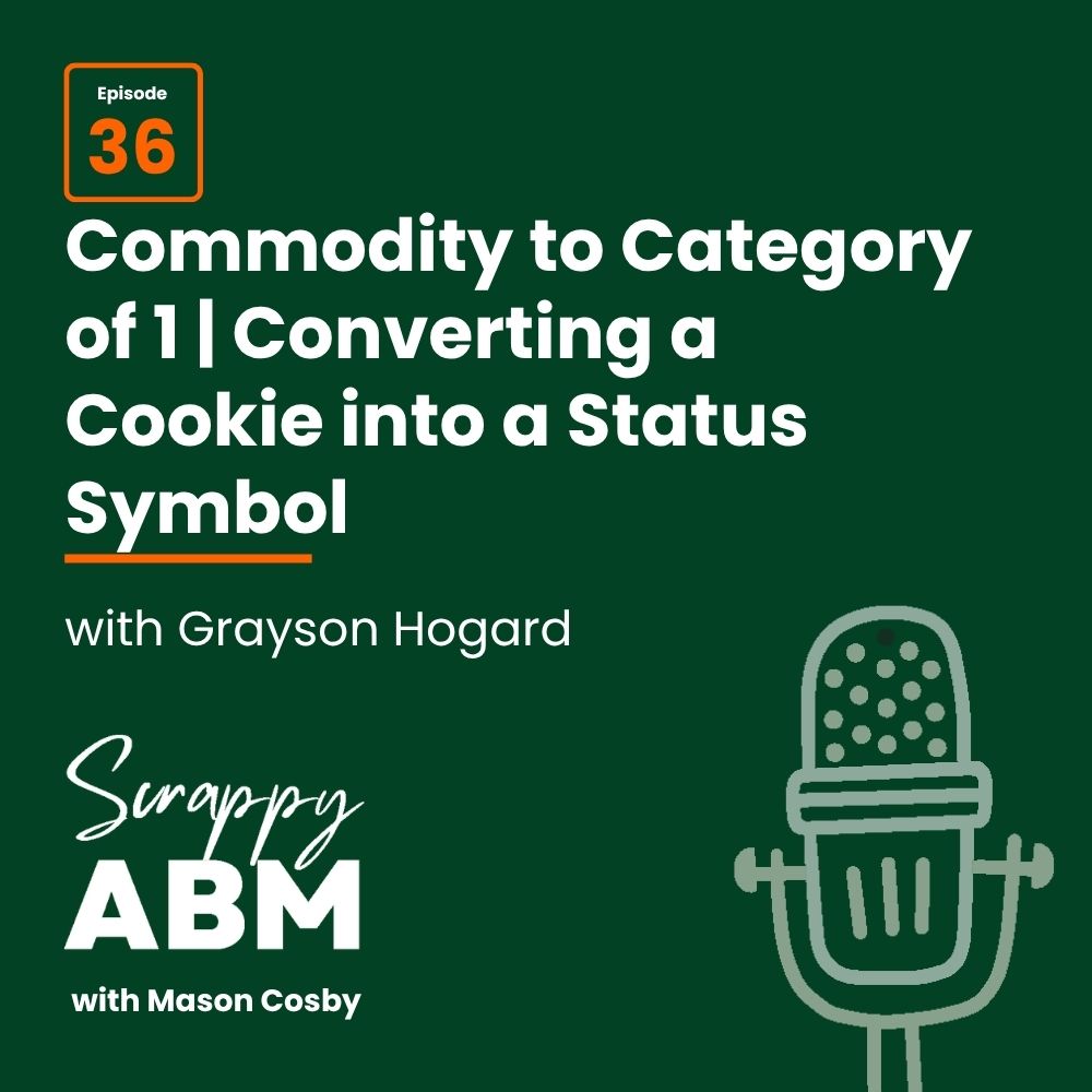 Podcast cover for Scrappy ABM with Mason Cosby, episode 36, titled Commodity to Category of 1 | Converting a Cookie into a Status Symbol, featuring Grayson Hogard. A microphone graphic appears in the lower right.