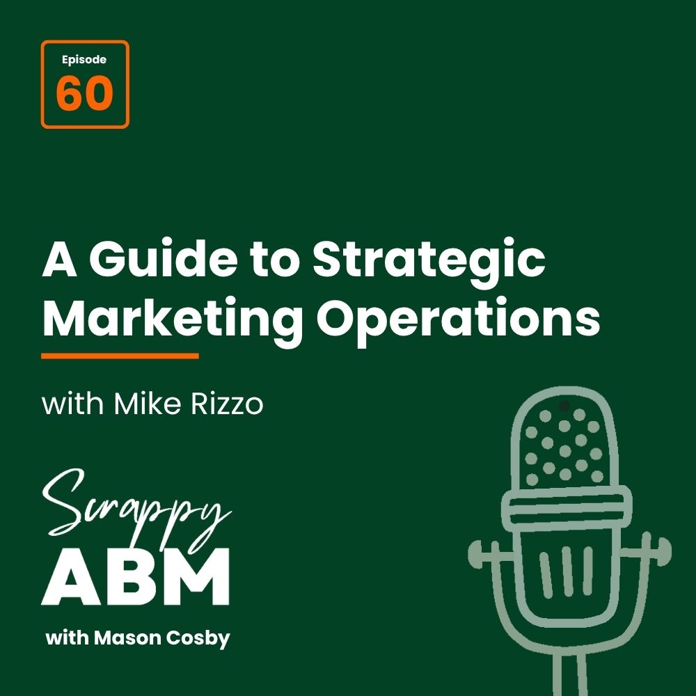 Podcast episode cover: A Guide to Strategic Marketing Operations with Mike Rizzo, episode 60 of Scrappy ABM with Mason Cosby. Green background, podcast mic icon, white and orange text.