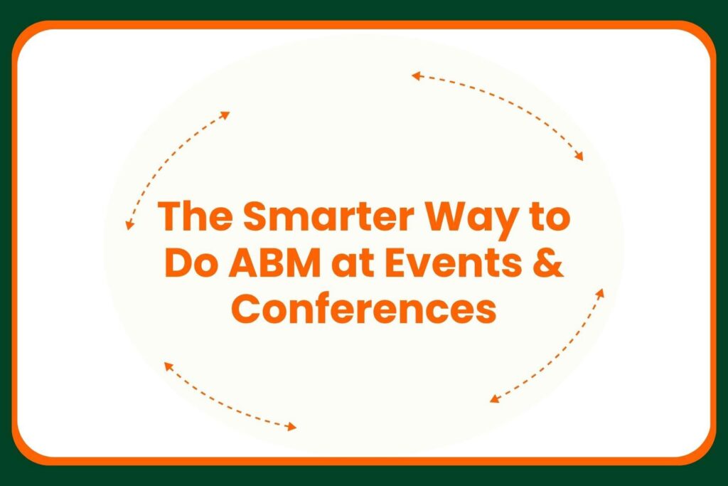 Travis Hall Text in orange reads: The Smarter Way to Do ABM at Events & Conferences with orange dashed arrows forming a circle around the text, on a white background with a green border.