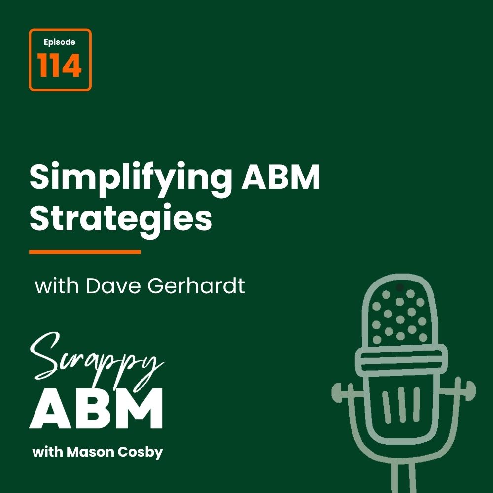 Episode 2 - The Art of the Scrappy ABM - How to Achieve Big Results Without Big Ad Spend Podcast cover for Scrappy ABM with Mason Cosby, episode 114 titled Simplifying ABM Strategies with Dave Gerhardt. Green background with a microphone graphic.