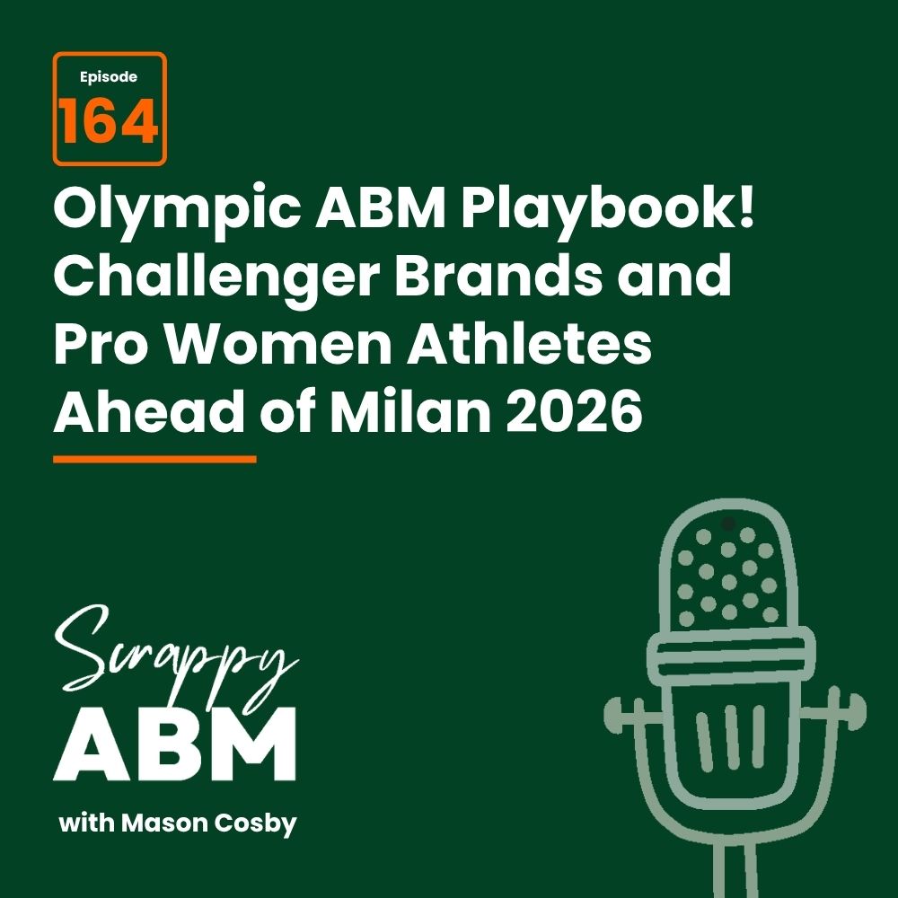 Travis Hall Podcast episode graphic for Scrappy ABM with Mason Cosby, episode 164, titled Olympic ABM Playbook! Challenger Brands and Pro Women Athletes Ahead of Milan 2026, with a microphone icon on a dark green background.