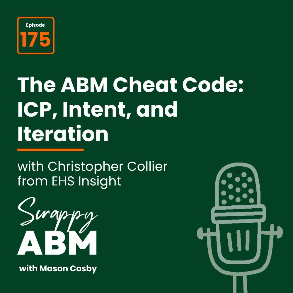 Travis Hall Podcast cover for Scrappy ABM with Mason Cosby, episode 175 titled The ABM Cheat Code: ICP, Intent, and Iteration with guest Christopher Collier from EHS Insight. A microphone graphic is featured on a green background.
