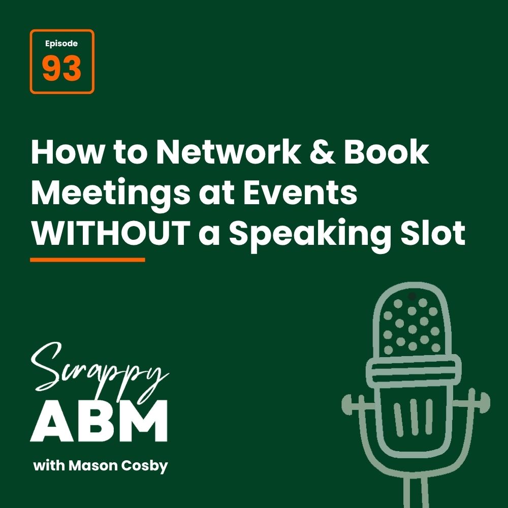 Episode 2 - The Art of the Scrappy ABM - How to Achieve Big Results Without Big Ad Spend Podcast cover: Episode 93. How to Network & Book Meetings at Events WITHOUT a Speaking Slot. Scrappy ABM with Mason Cosby. Illustration of a microphone on a dark green background.