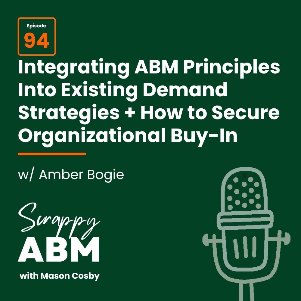 Episode 2 - The Art of the Scrappy ABM - How to Achieve Big Results Without Big Ad Spend Podcast cover for Scrappy ABM with episode 94 titled Integrating ABM Principles Into Existing Demand Strategies + How to Secure Organizational Buy-In, featuring Amber Bogie. A microphone graphic is on the right.