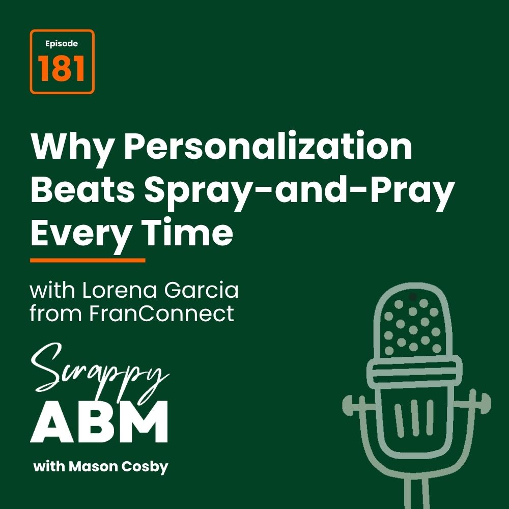Travis Hall Podcast episode graphic with episode 181. Title: Why Personalization Beats Spray-and-Pray Every Time with Lorena Garcia from FranConnect. Bottom text: Scrappy ABM with Mason Cosby. Illustration of a microphone.