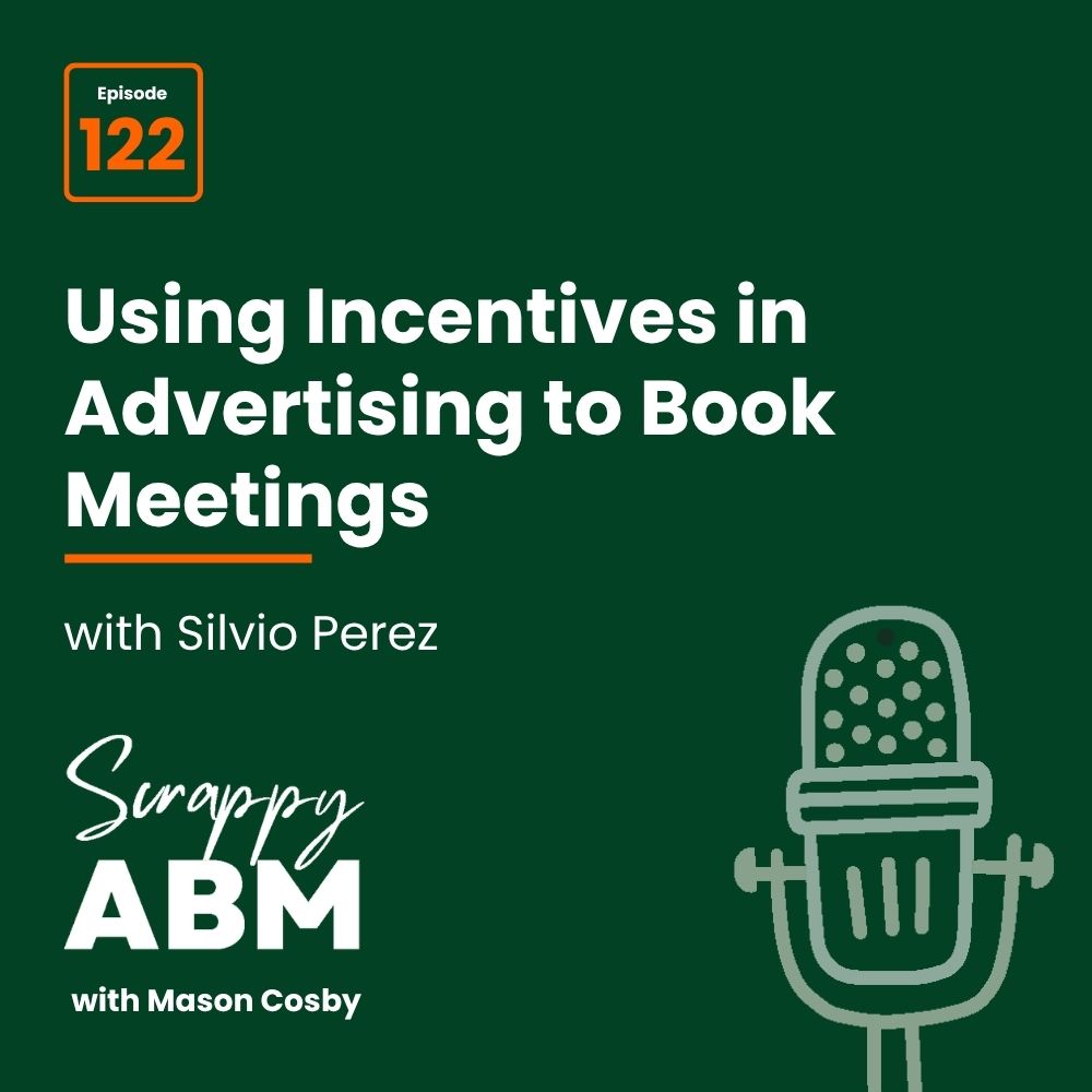 Podcast cover showing Episode 122 and the title Using Incentives in Advertising to Book Meetings with Silvio Perez. Text reads Scrappy ABM with Mason Cosby with a microphone illustration on a dark green background.