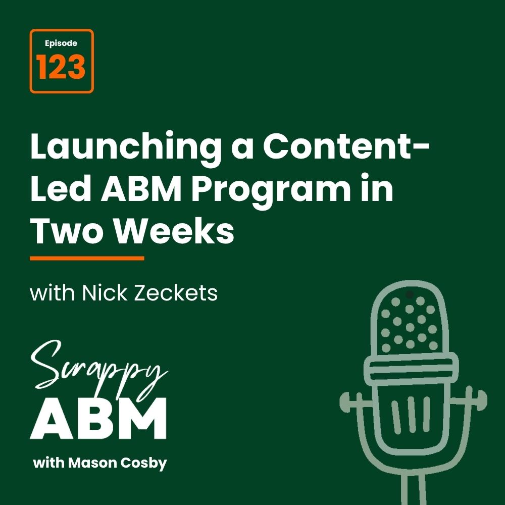 Podcast cover for Scrappy ABM with Mason Cosby, episode 123, featuring Launching a Content-Led ABM Program in Two Weeks with Nick Zeckets. A microphone graphic is on the right.